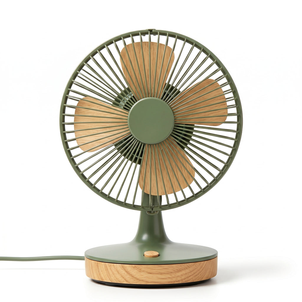 Retro-Inspired Green and Wood Table Fan