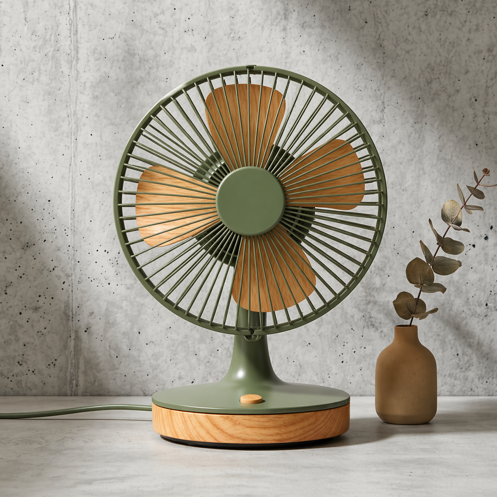 Retro-Inspired Green and Wood Table Fan