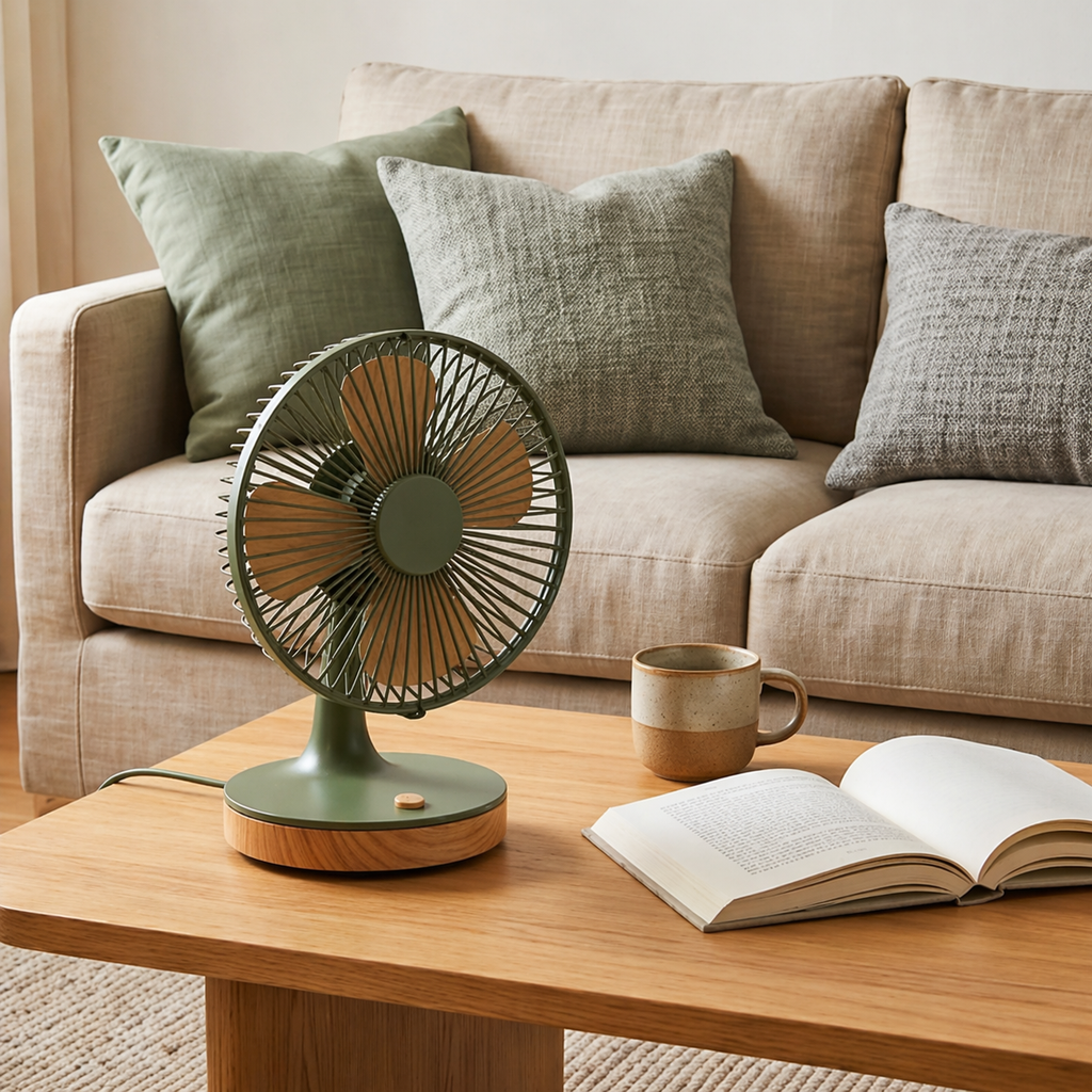 Retro-Inspired Green and Wood Table Fan