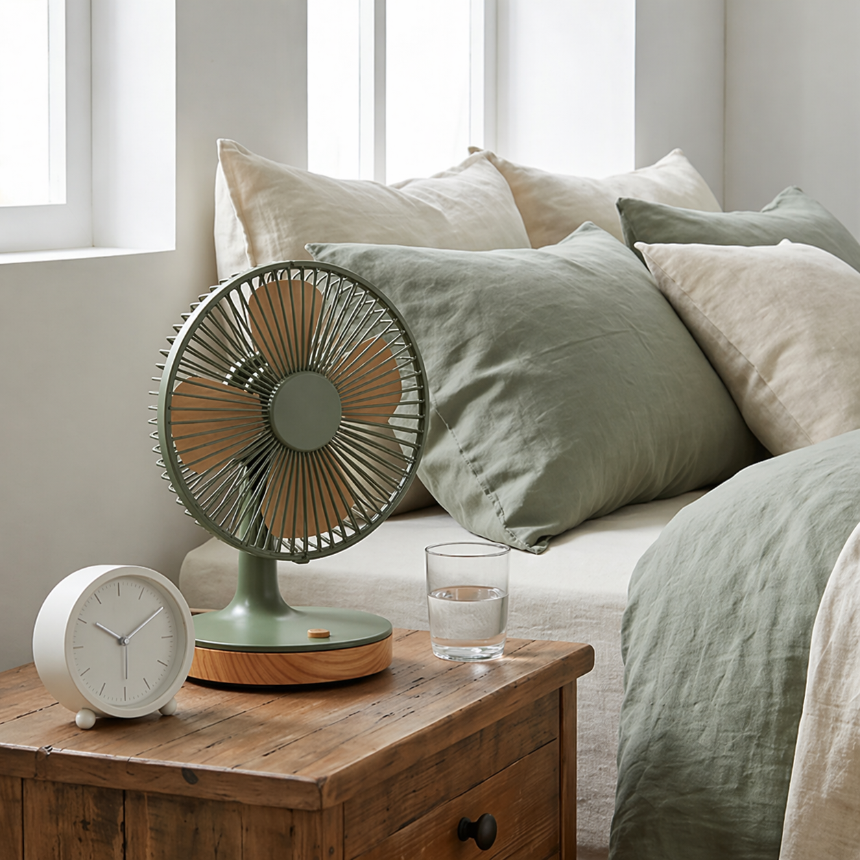 Retro-Inspired Green and Wood Table Fan