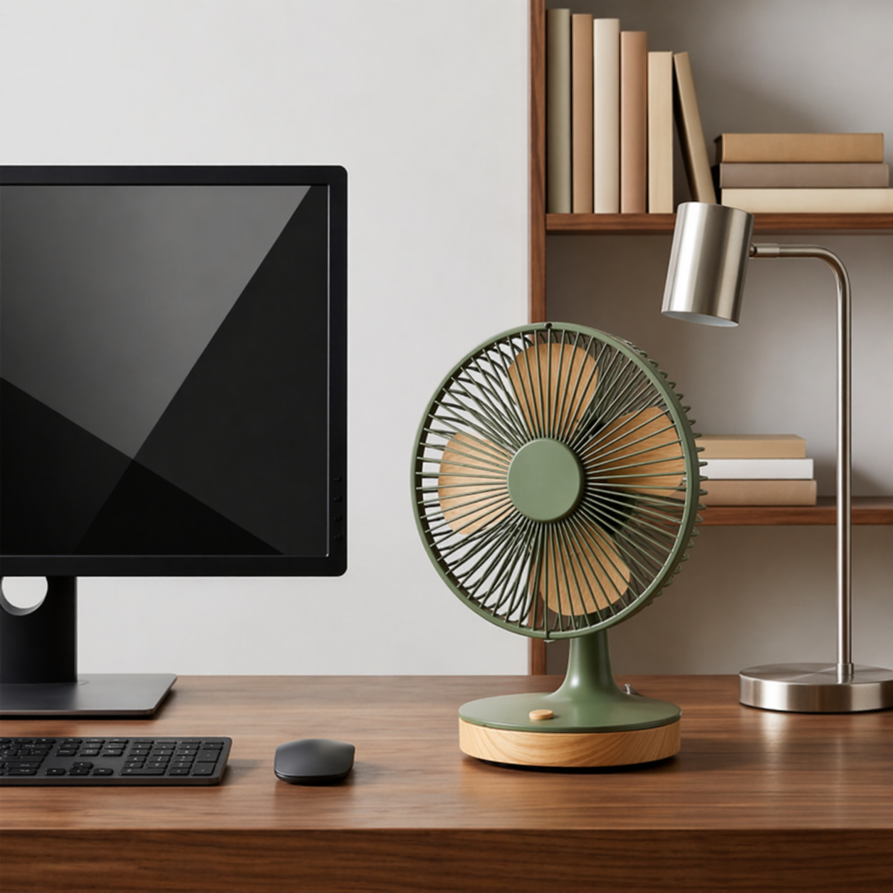 Retro-Inspired Green and Wood Table Fan