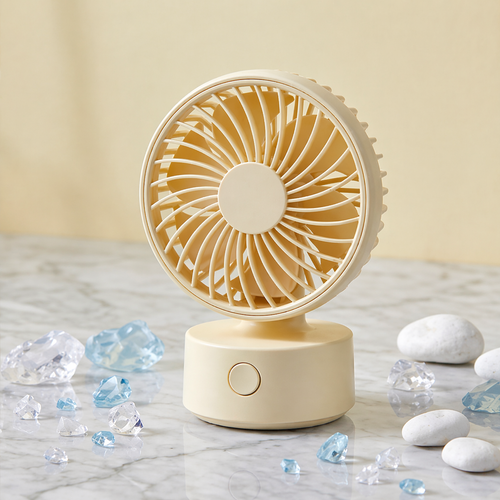 Compact Beige Desk Fan with Flower Blade Design