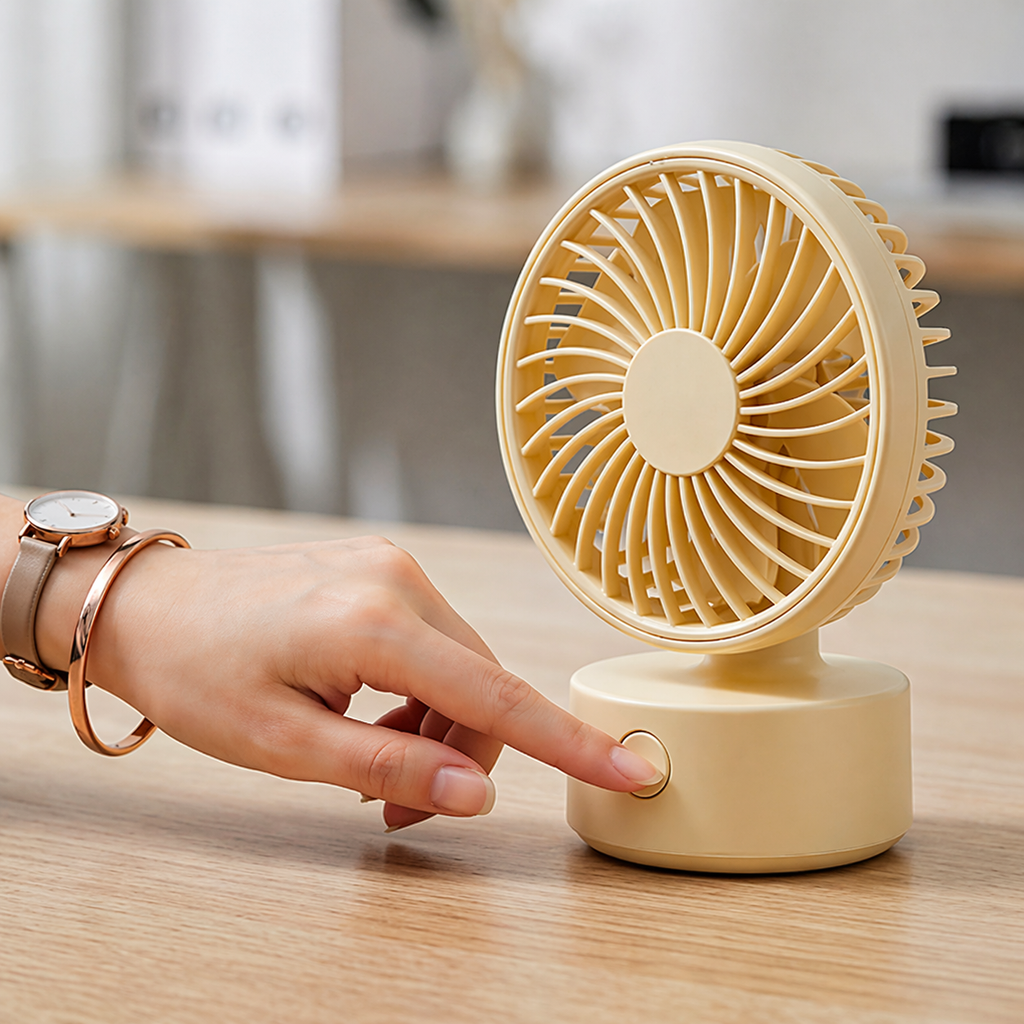 Compact Beige Desk Fan with Flower Blade Design