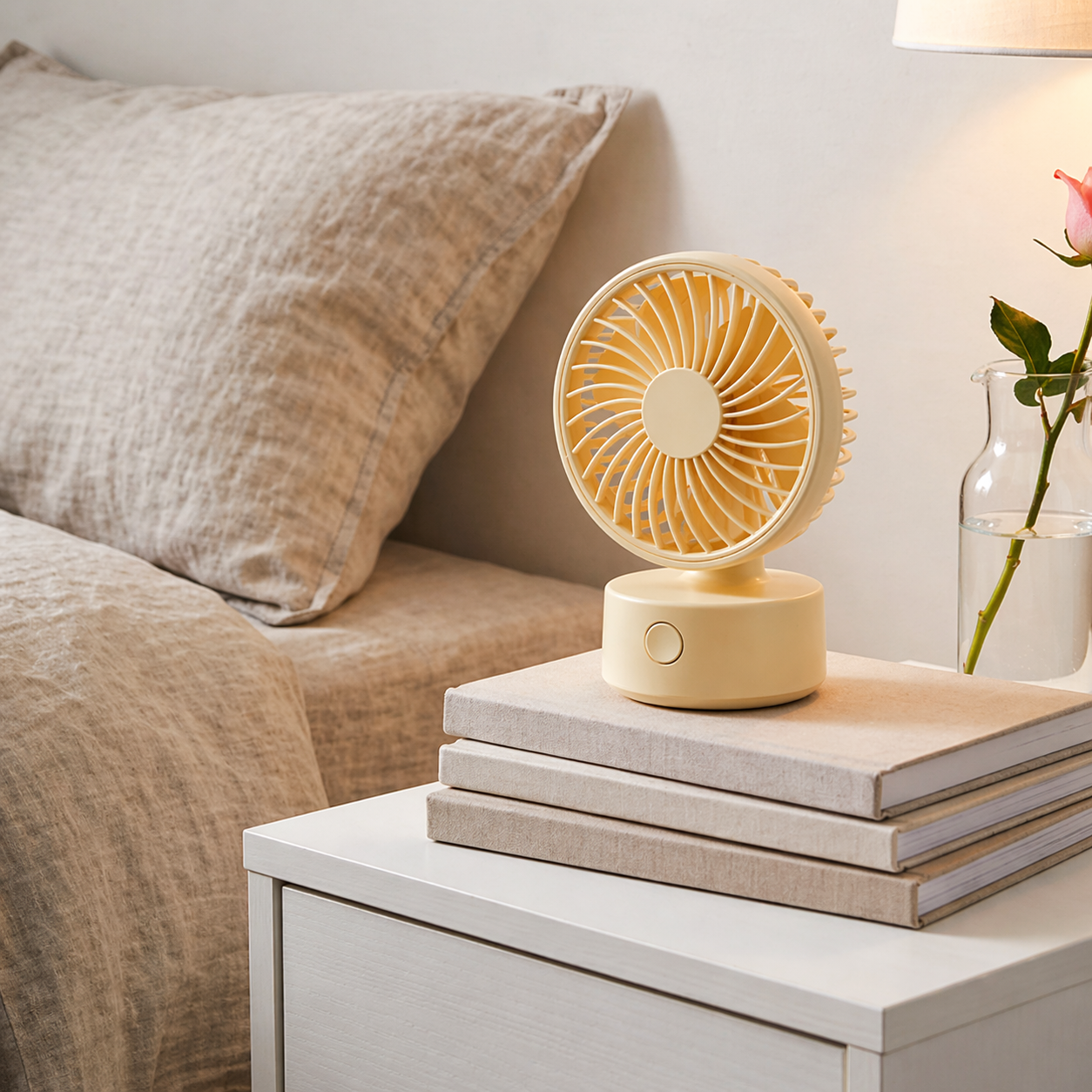 Compact Beige Desk Fan with Flower Blade Design