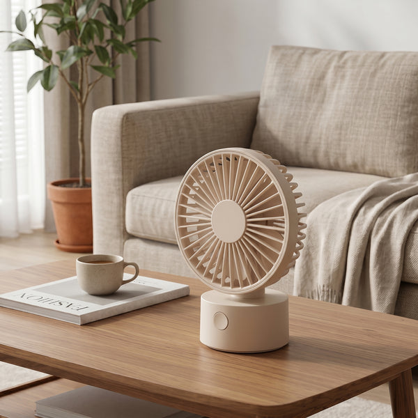 Compact Beige Desk Fan with Flower Blade Design