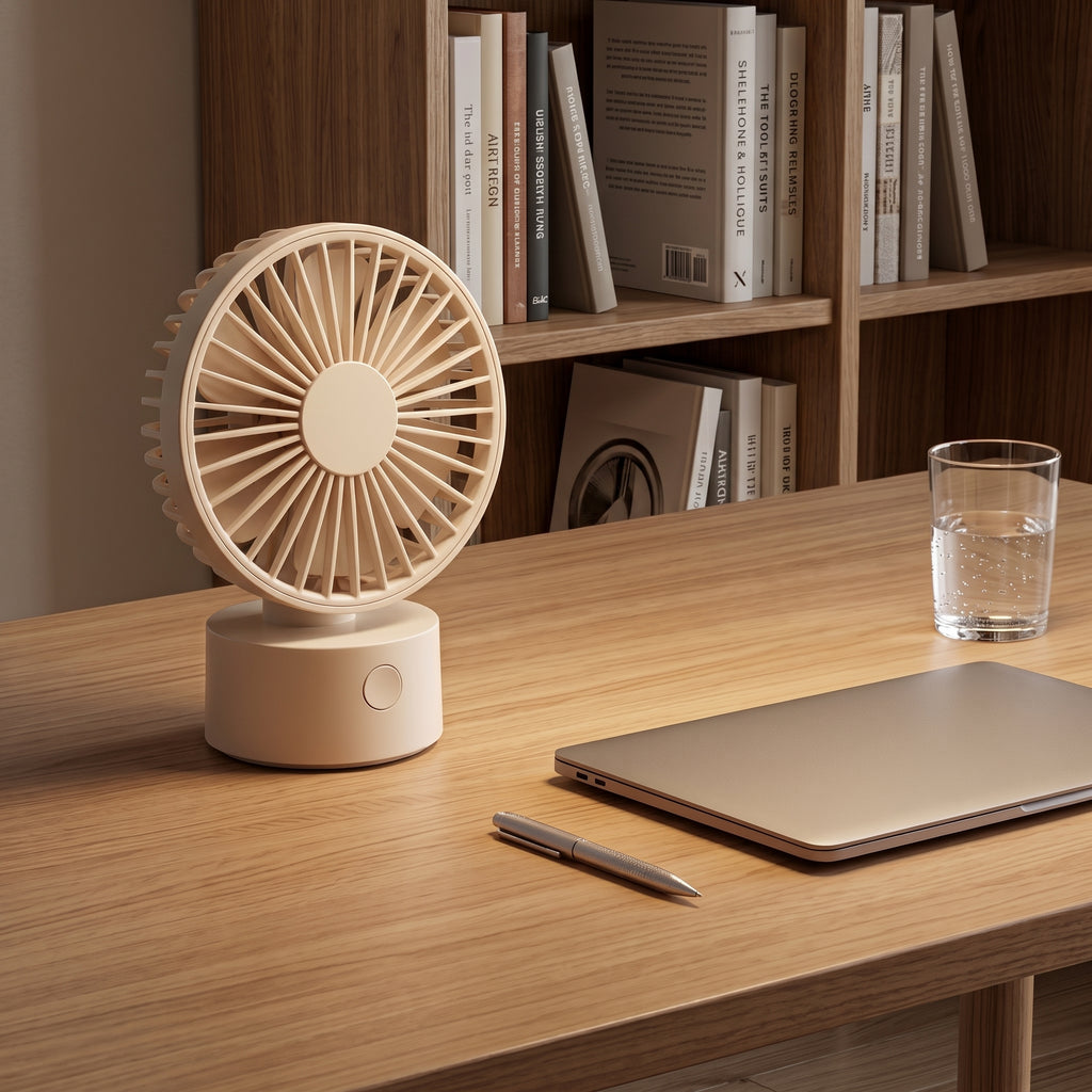 Compact Beige Desk Fan with Flower Blade Design