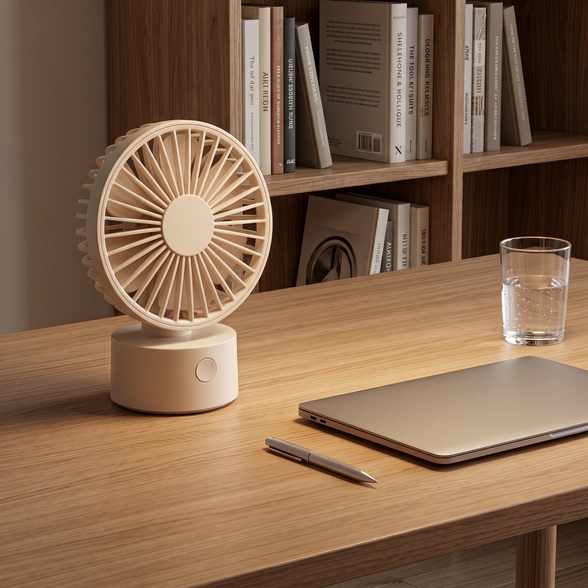 Compact Beige Desk Fan with Flower Blade Design
