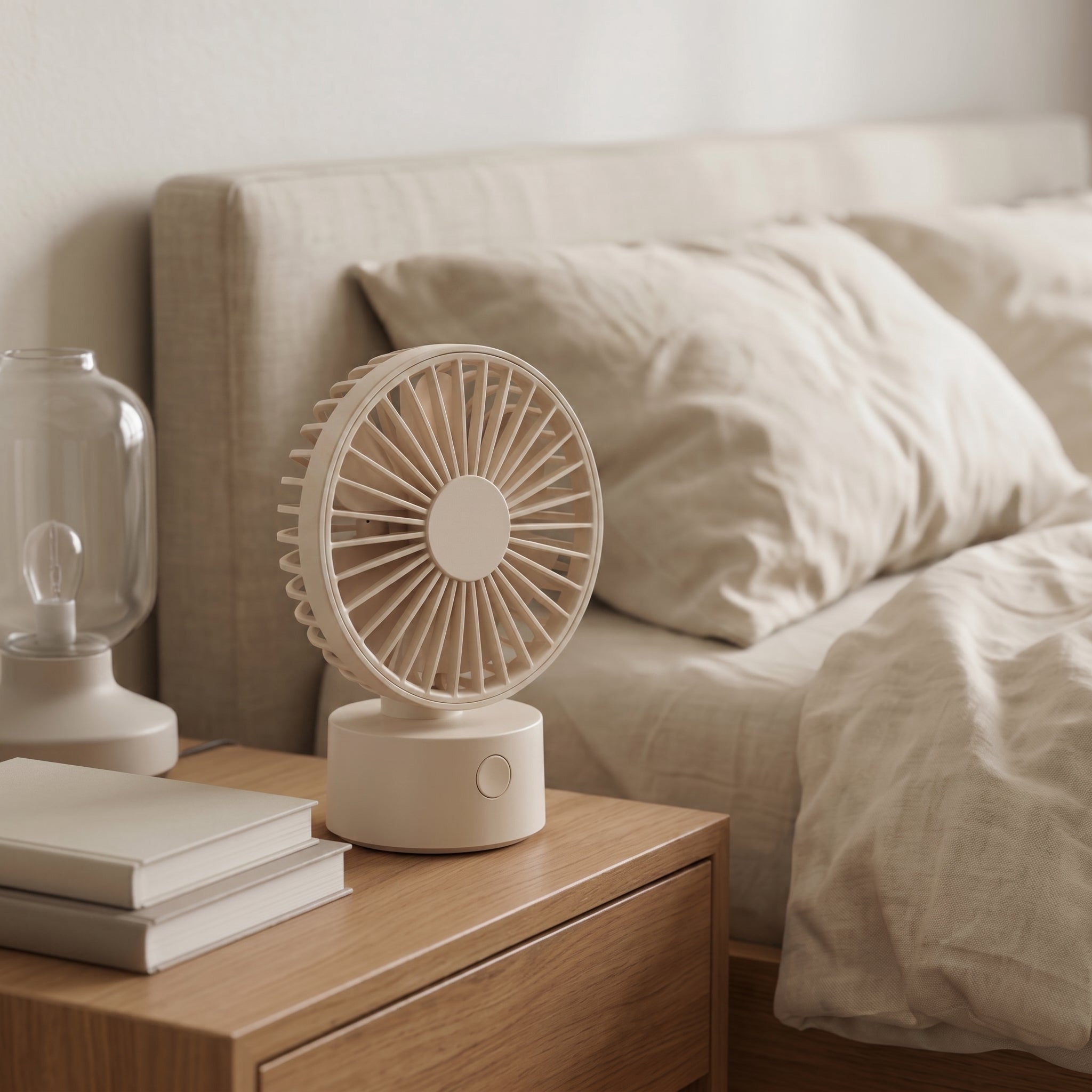 Compact Beige Desk Fan with Flower Blade Design
