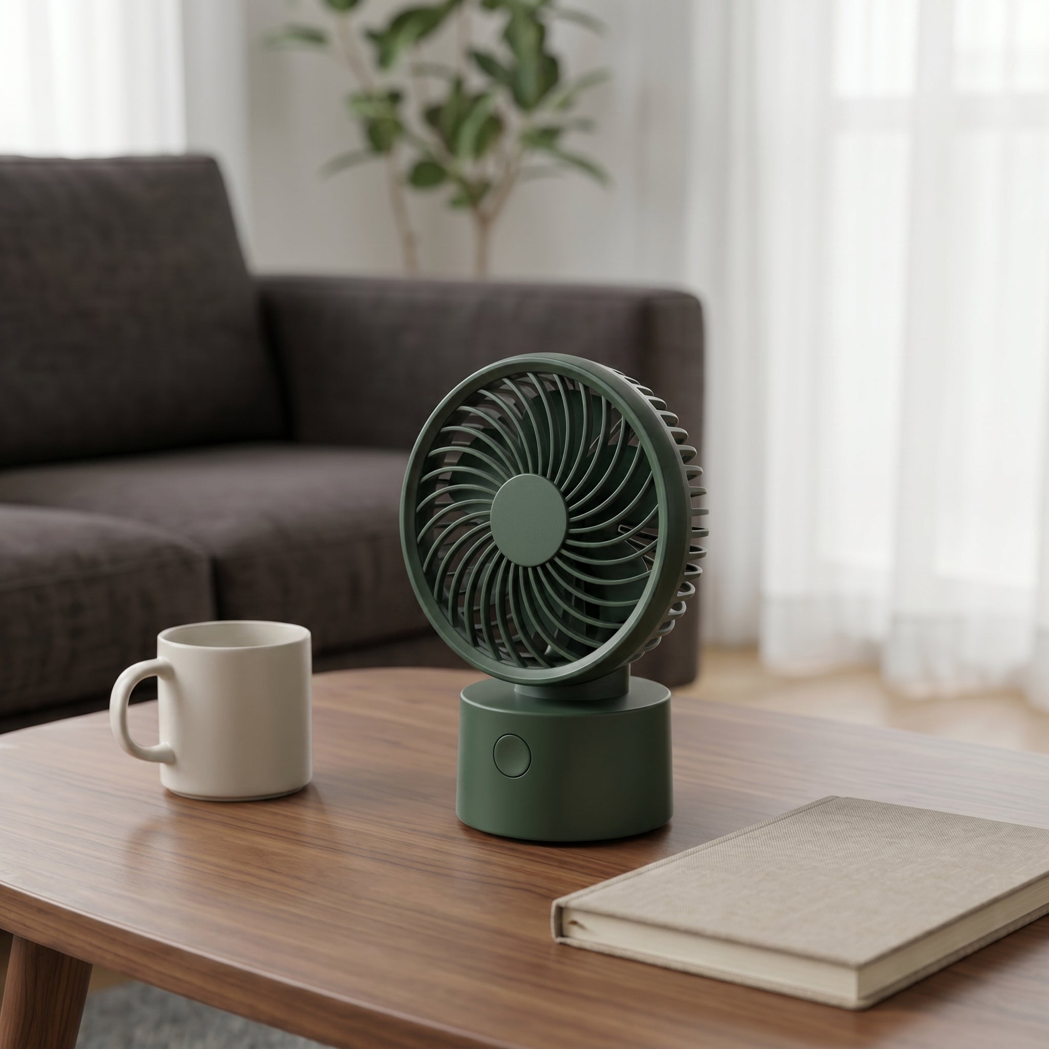 Compact Green Desk Fan with Flower Blade Design