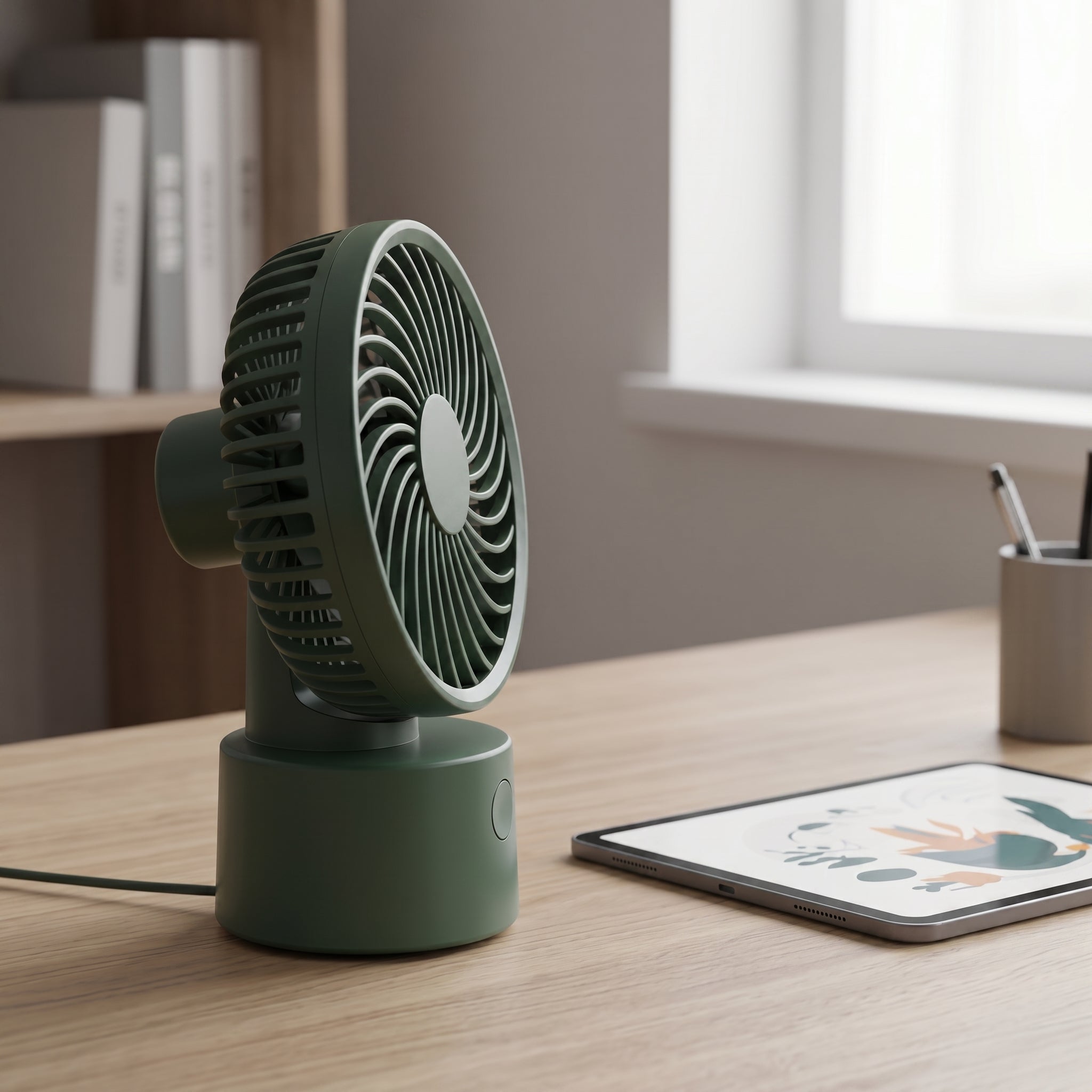 Compact Green Desk Fan with Flower Blade Design