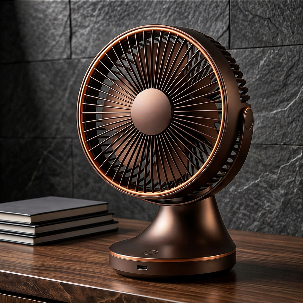 Compact Bronze Desk Fan with USB Charging