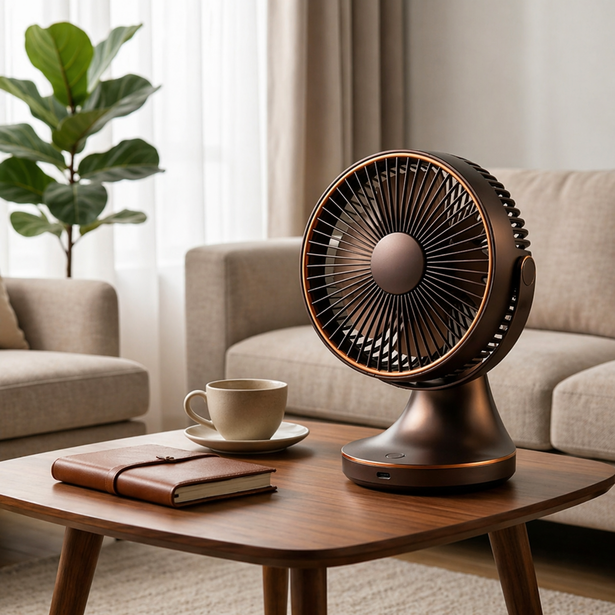 Compact Bronze Desk Fan with USB Charging