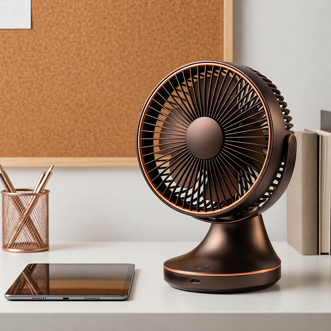 Compact Bronze Desk Fan with USB Charging