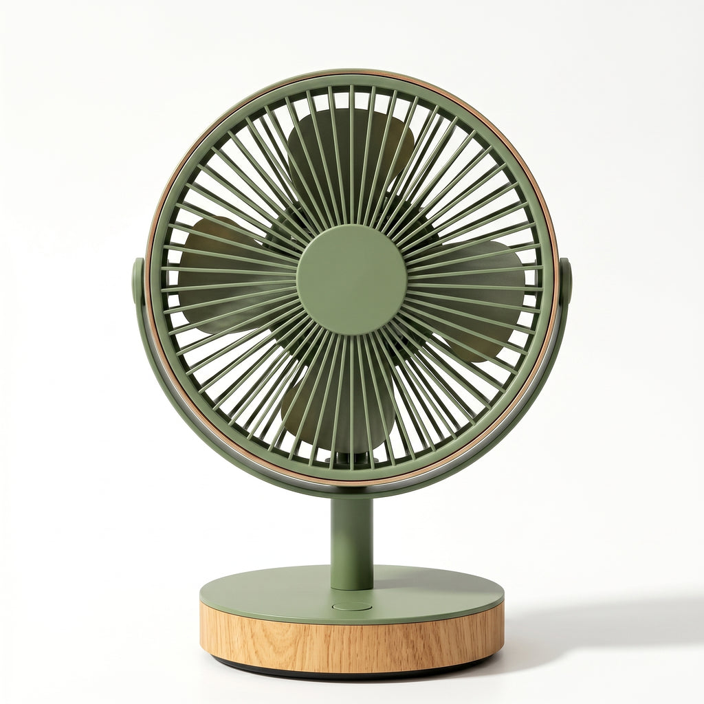Modern Green Desk Fan with Wooden Base