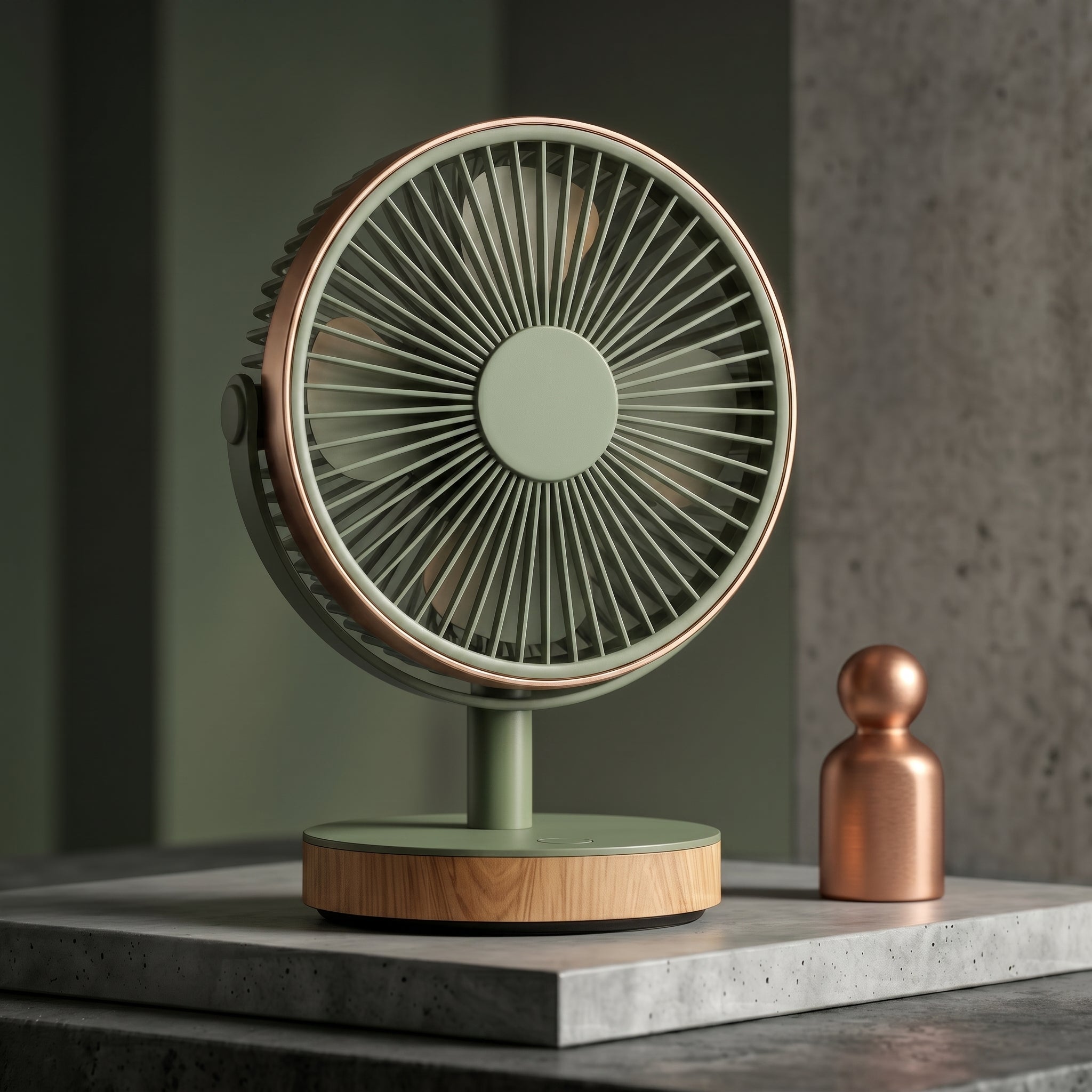 Modern Green Desk Fan with Wooden Base