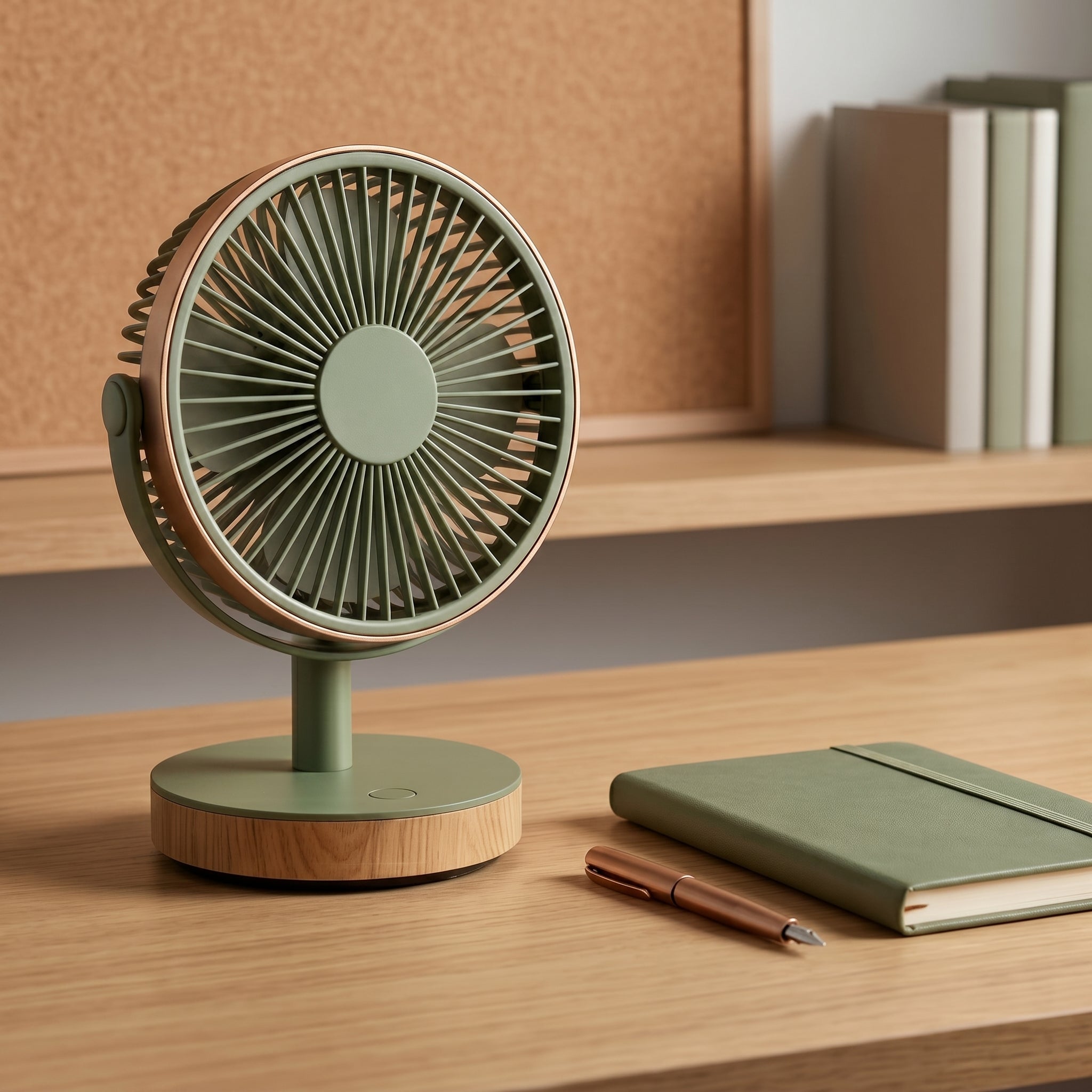 Modern Green Desk Fan with Wooden Base