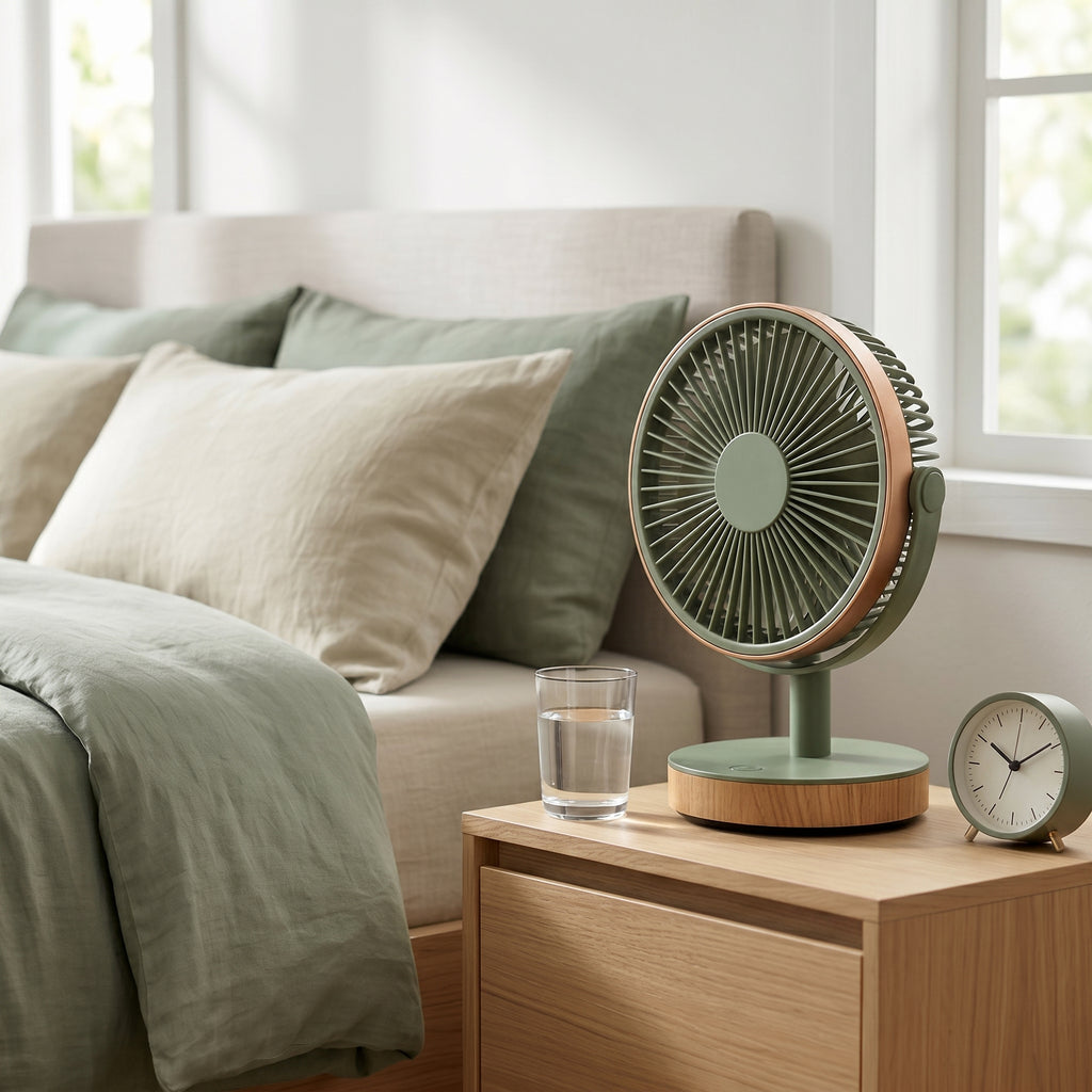 Modern Green Desk Fan with Wooden Base