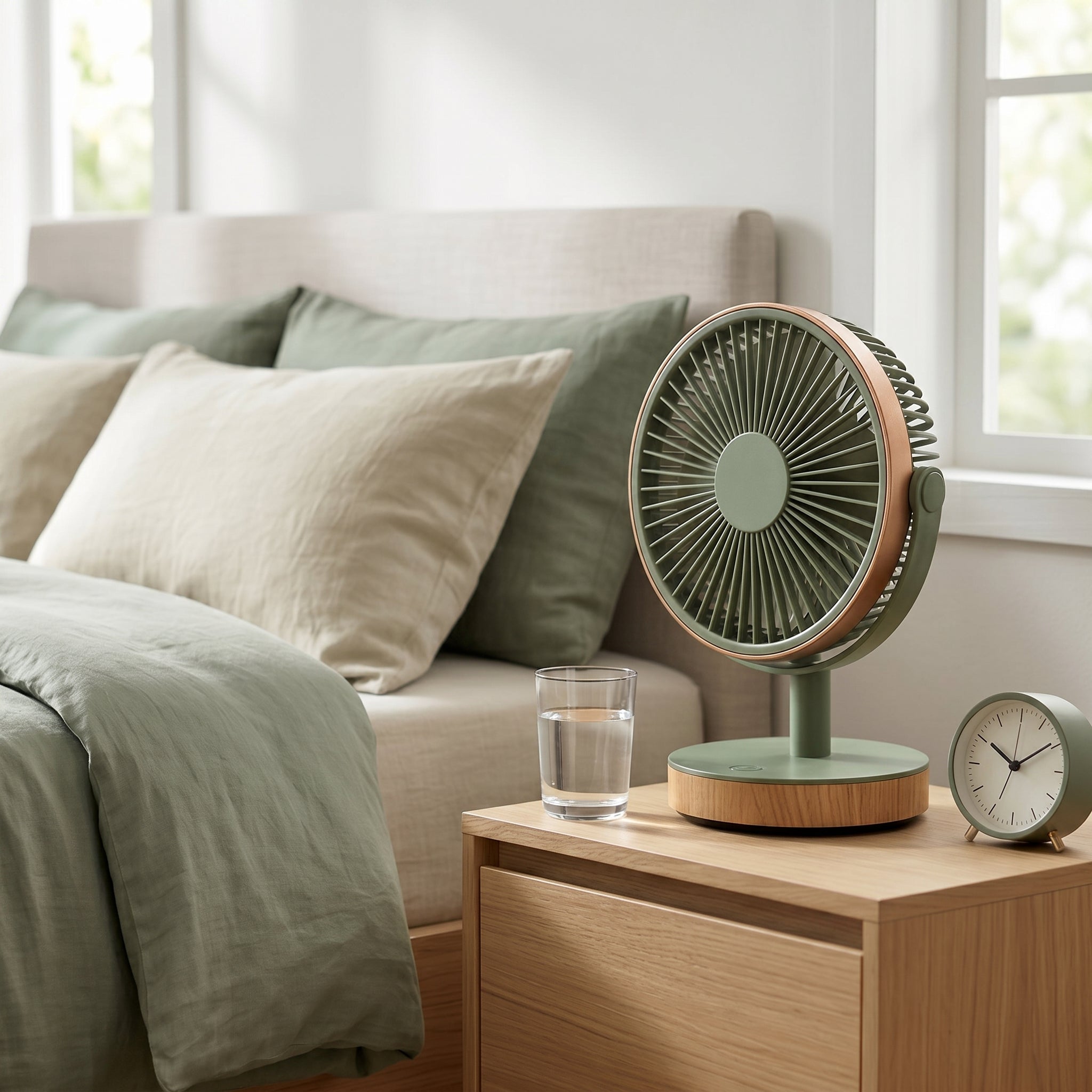 Modern Green Desk Fan with Wooden Base