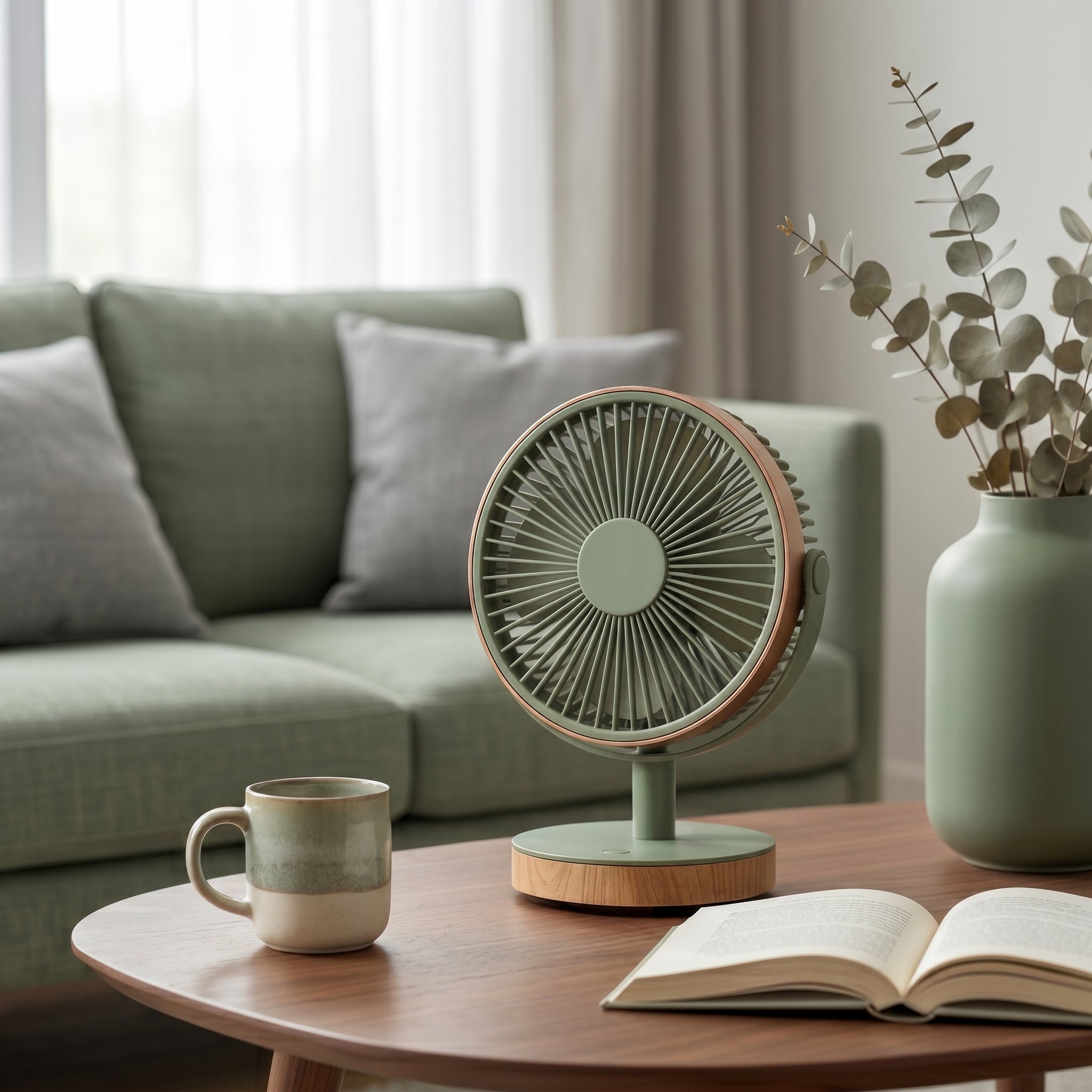 Modern Green Desk Fan with Wooden Base